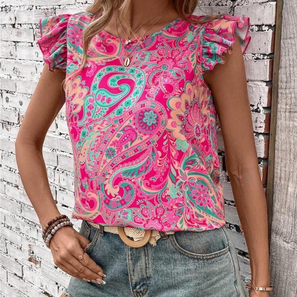 Tops - Boho Floral Paisley Print Ruffle Sleeve Top Blouse Shirt Pink